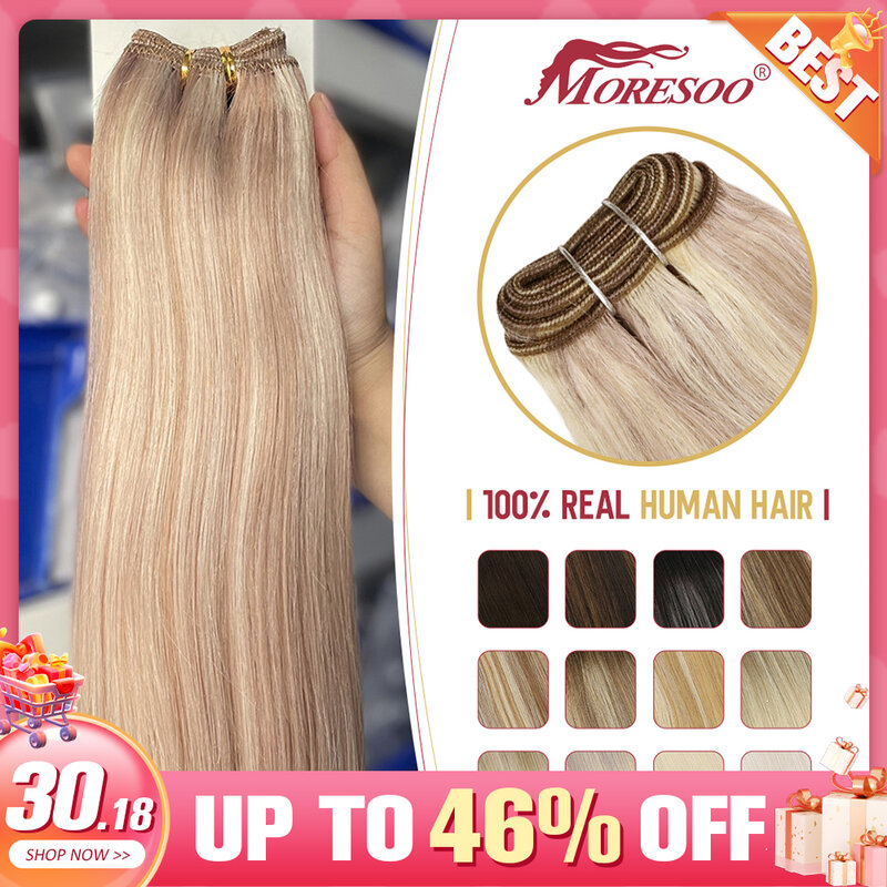 Moresoo-Remy Weave extensões de cabelo, Soft Straight cabelo humano, Double trama Pacotes, máquina, 100 g