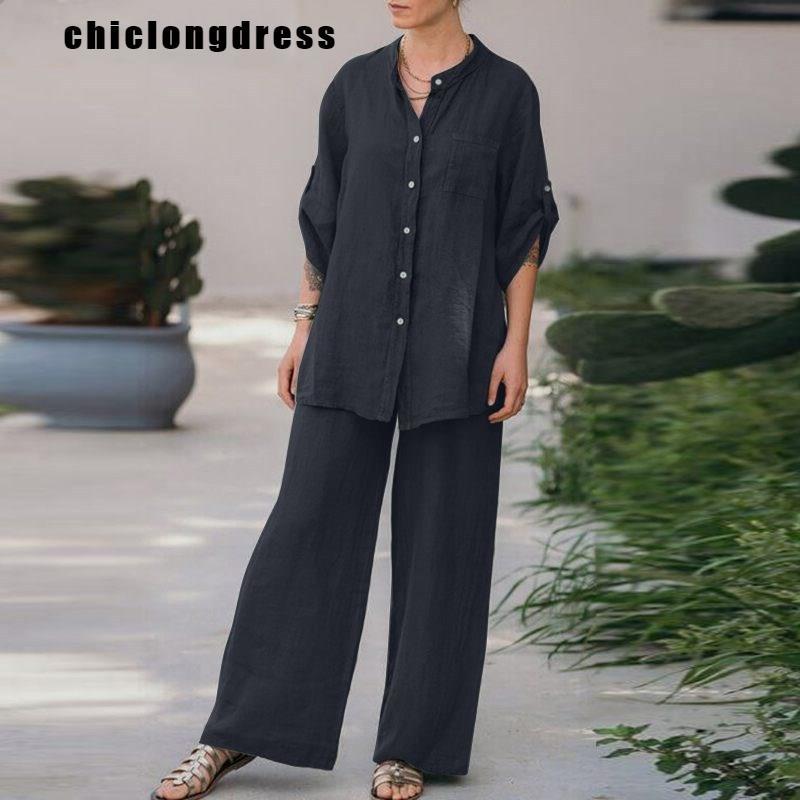 Summer Fashion Cotton and Hemp Two Piece Set Women Casual Solid Round Neck Shirt Wide Leg Pants Loose Two Piece Set Women
