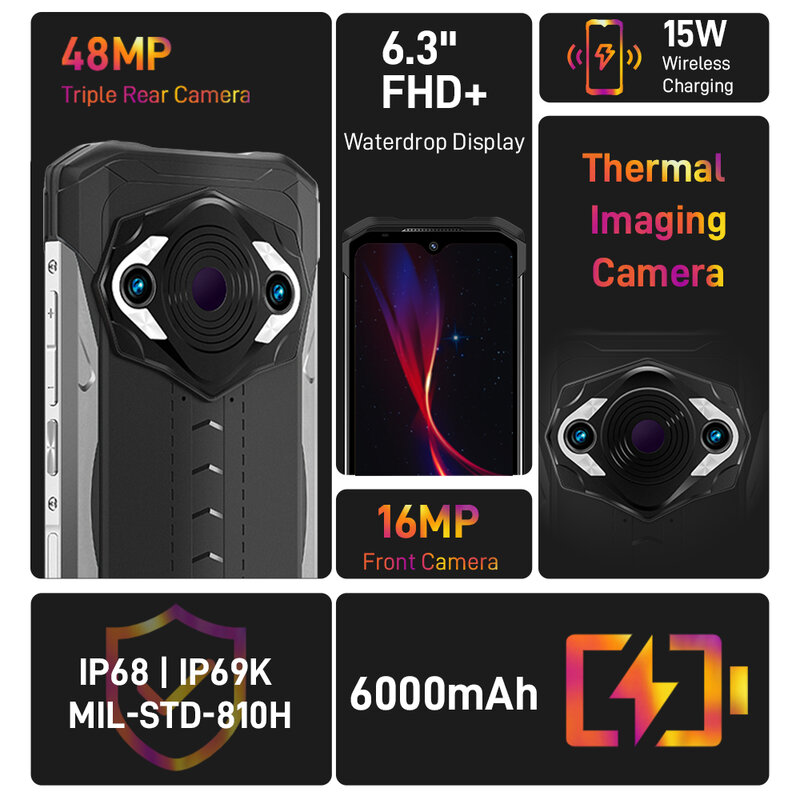 DOOGEE-S98 Pro Thermal Imaging Smartphone, Celular Helio G96, Visão Noturna de 20MP, 6,3 ", 6000mAh, 33W, 8GB, 256GB