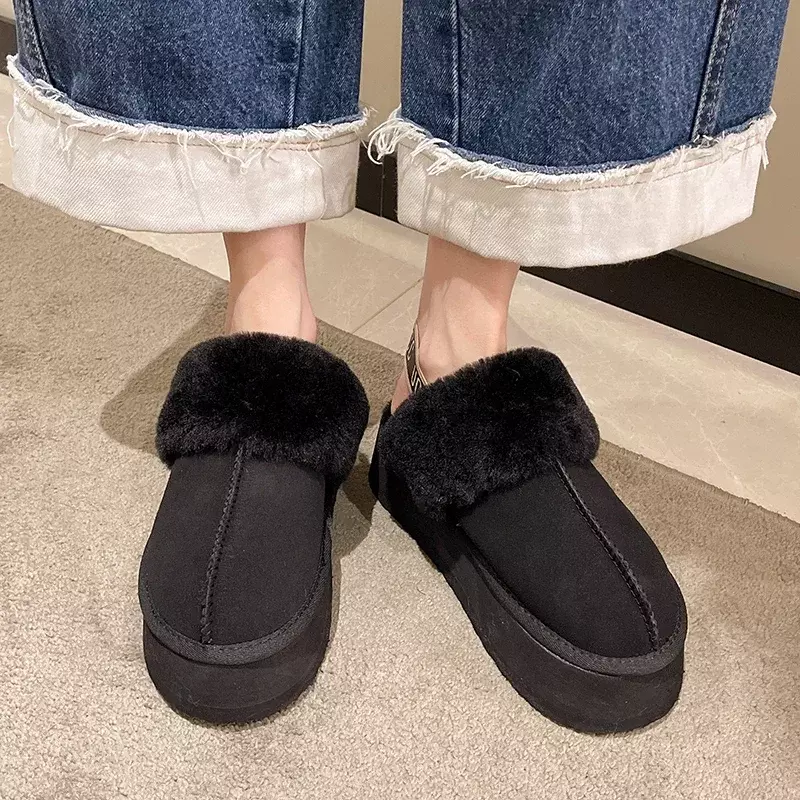 2023 New Leather Women Fashion Winter Indoor Solid Color Suede Fur Slippers Ladies Home Platform Warm Slip-on Women’s Shoes