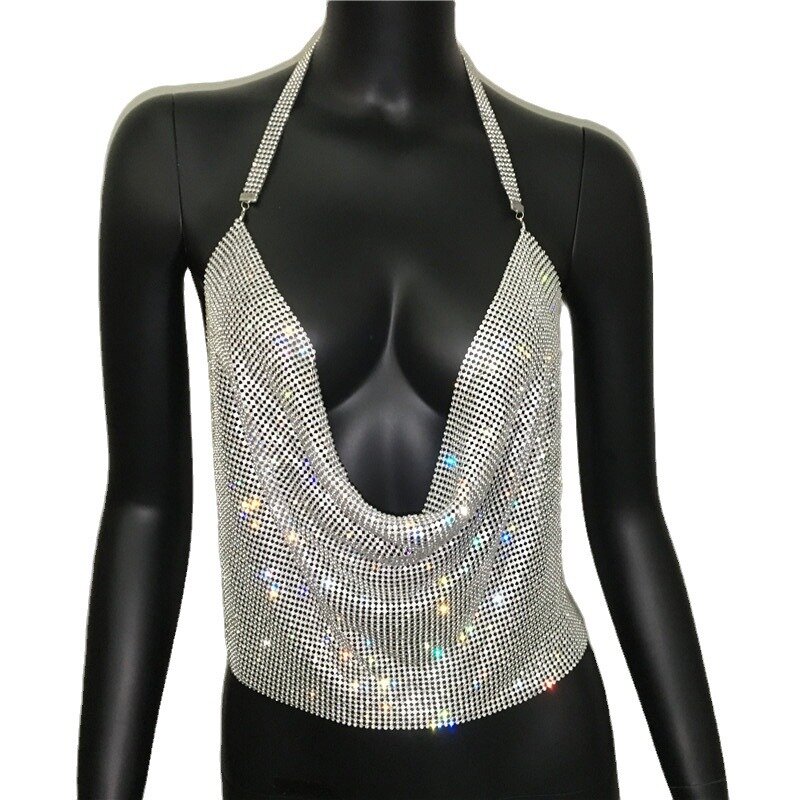 Сексуальный женский металлический жилет с ремешком на шею, модный топ для ночного клуба острых девушек с бриллиантами