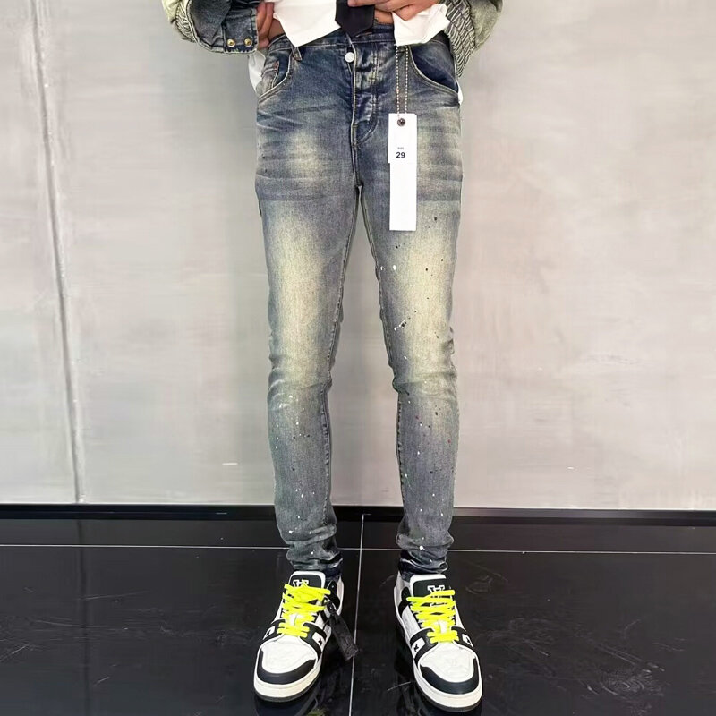 Jeans Split apertado lavado vintage masculino, calças de marca designer, azul, moda de rua alta, hip hop