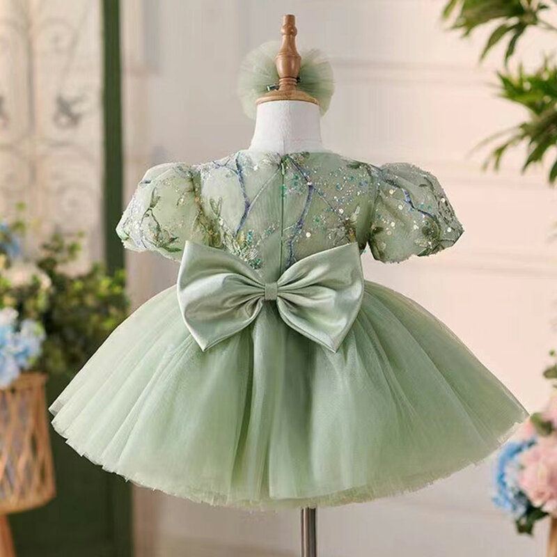 Jill Wish elegante Sage Green Arab Girl Dress paillettes Dubai Kids Princess Birthday Wedding Party bambini Holiday Gown 2024 J264