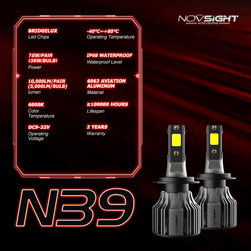 NOVSIGHT-bombillas Led para faros delanteros de coche, accesorios para coche, H7, H1, H3, H4, H11, H8, H9, 9005, 9006, 9012, 9004, 9007, 72W, 10000LM, 6000K
