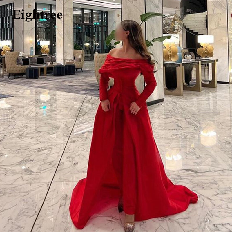 Eightree Formal Red Prom Dresses Long Sleeves Stain Vintage Abendkleider Dubai Evening Dress Robes De Soirée Party Grown 2023