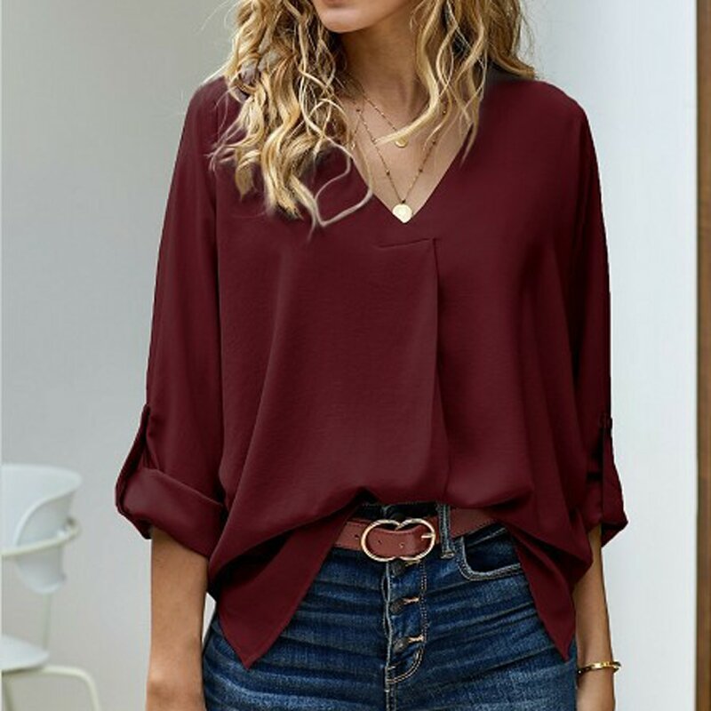 Womens Work Blouses 3/4 Sleeve Button Down Shirt Casual V Neck Blouse Solid Color Roll Up Sleeve Casual Work Blouses