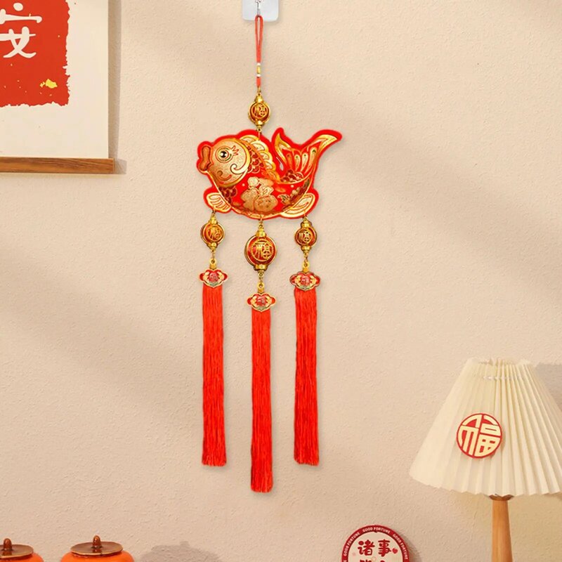 2024 New Year Decoration Fish Charm Hanging Ornament Lunar Year Decor Chinese Fu Character for Bedroom Holiday Wall Home Office