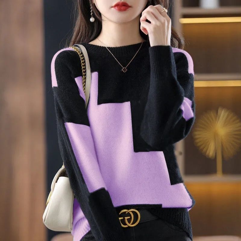 Camisola de emenda de contraste casual feminina, elegante com gola redonda, preto e branco, moda coreana, novo, outono, inverno, 2022