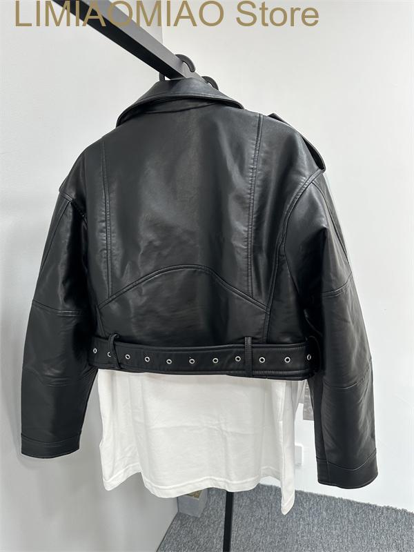 Jaqueta de couro lavada feminina com cinto, jaqueta de lapela vintage, casaco curto, zíper rebaixado, cinza de carvão, novo