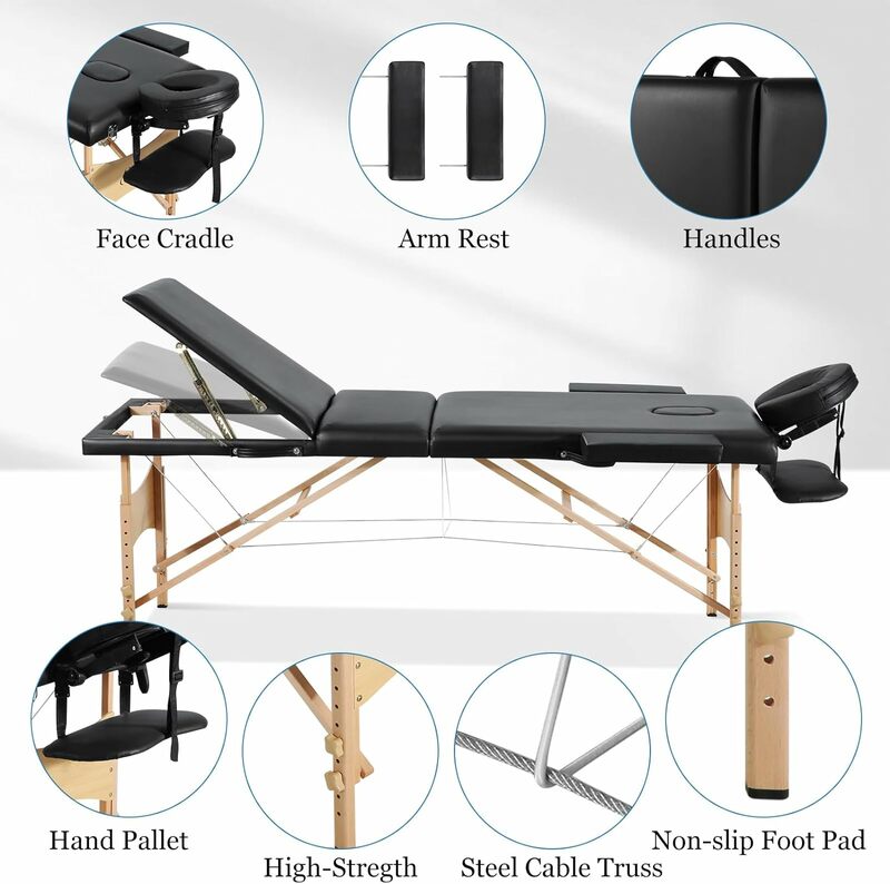 Mesas de masaje portátiles para extensiones de pestañas, mesa de tatuaje de 73 pulgadas de largo, altura ajustable, profesional, 3 pliegues