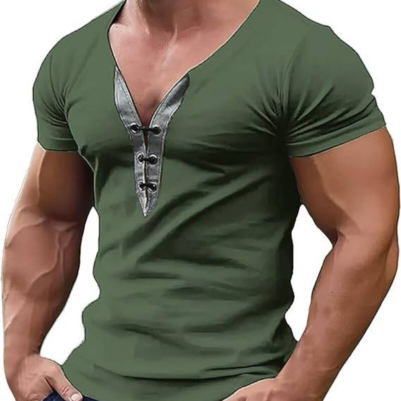 2024 baru musim panas kasual pria kerah V liburan jalan lengan pendek perancang mode dasar kemeja Henry untuk Pria Pakaian