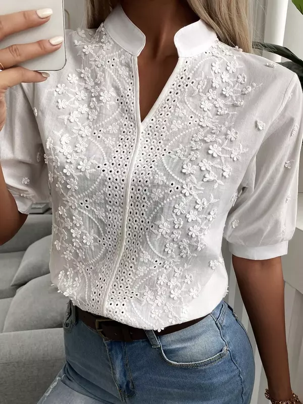 Женская ажурная рубашка с V-образным вырезом и коротким рукавом