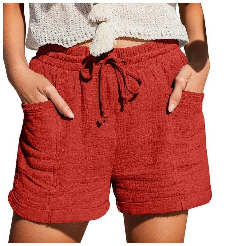 Pantalones cortos de lino y algodón para mujer, Shorts informales sólidos de cintura alta con cordón, cintura elástica, holgados, cómodos, Deportivos