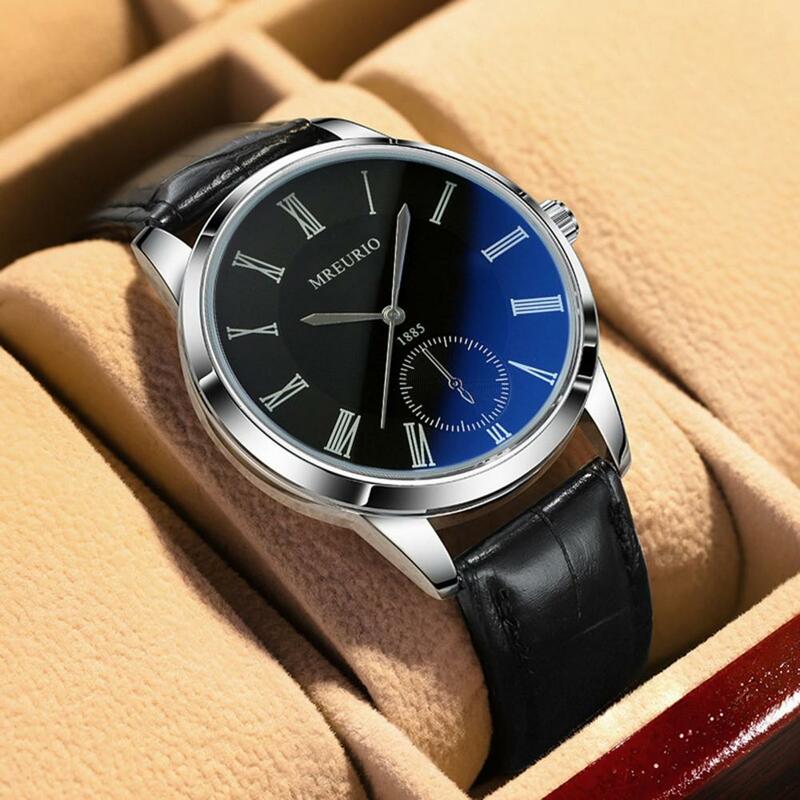 Relógio de pulso de couro falso masculino, Relógios redondos mostrador azul, Relógio masculino, Quartzo, Relógios de pulso