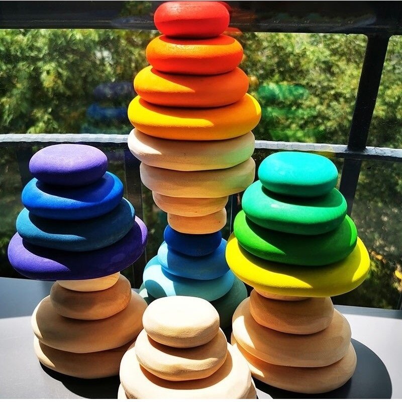 Brinquedos de madeira para crianças arco-íris rio seixos pedras bonecas anéis bolas construção blocos de empilhamento