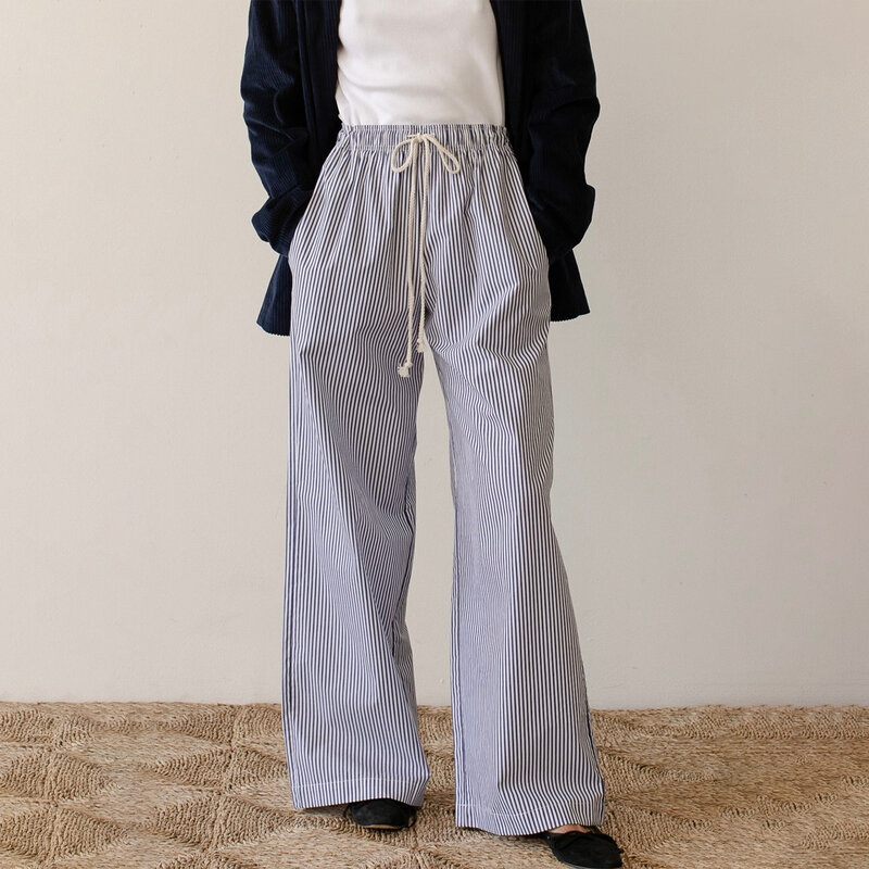 Женские брюки в полоску, с высокой эластичной талией и широкими штанинами
