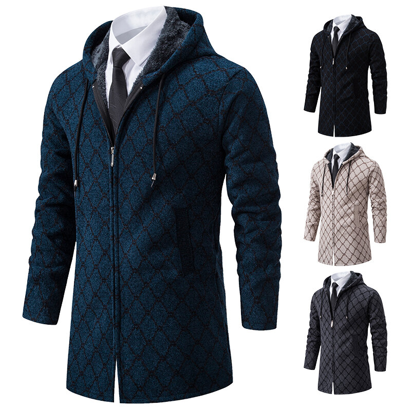 Trench coat masculino de malha com zíper, sobretudo com capuz, cardigã longo, suéter luxuoso, xadrez, coreano, masculino, inverno, outono, novo