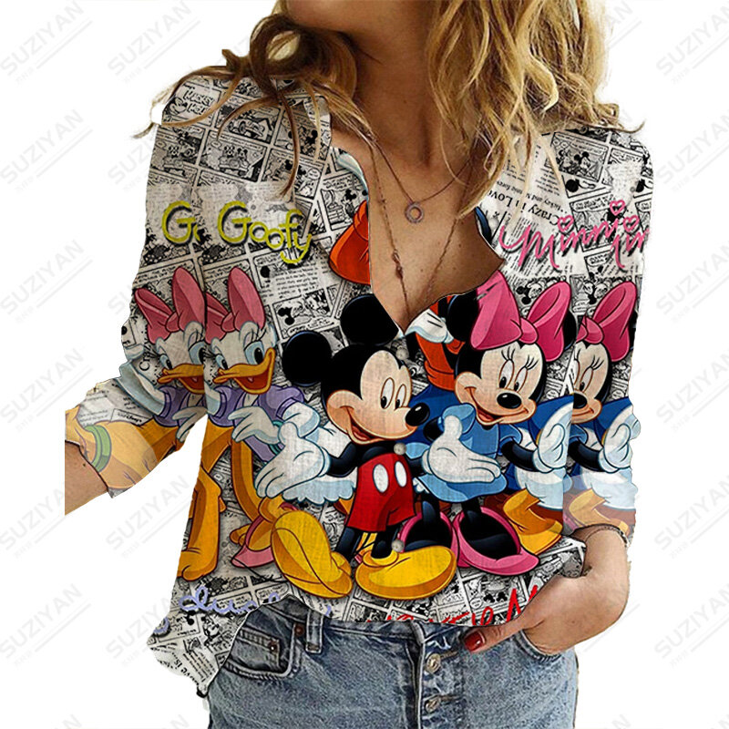 Blusa elegante con cuello vuelto para mujer, camisa de oficina informal holgada con estampado de Mickey de Disney, manga larga
