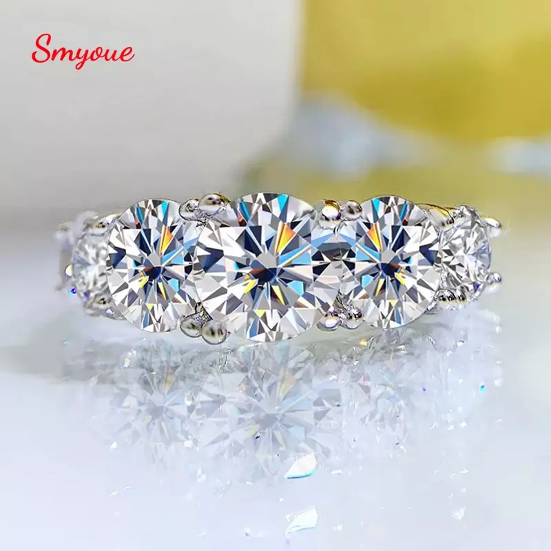 Smyoue 18k Plated 3.6CT All Moissanite Rings for Women 5 Stones Sparkling Diamond Wedding Band S925 Sterling Silver Jewelry GRA