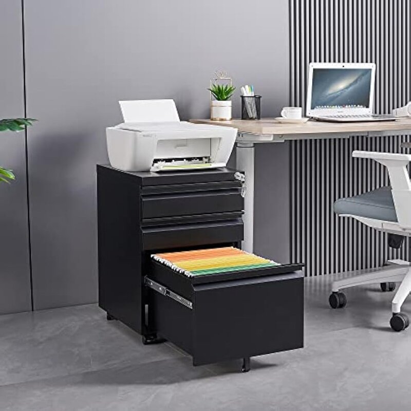 GREATMEET-archivador móvil de Metal con cerradura, archivador de 3 cajones, completamente ensamblado, color negro, debajo del escritorio