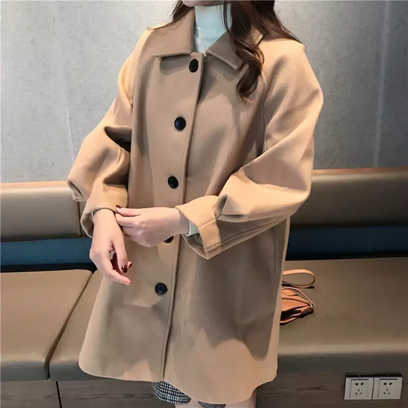 Outono e inverno novo coreano casaco de lã clássico estilo universitário feminino único breasted solto fino comprimento médio lã casaco