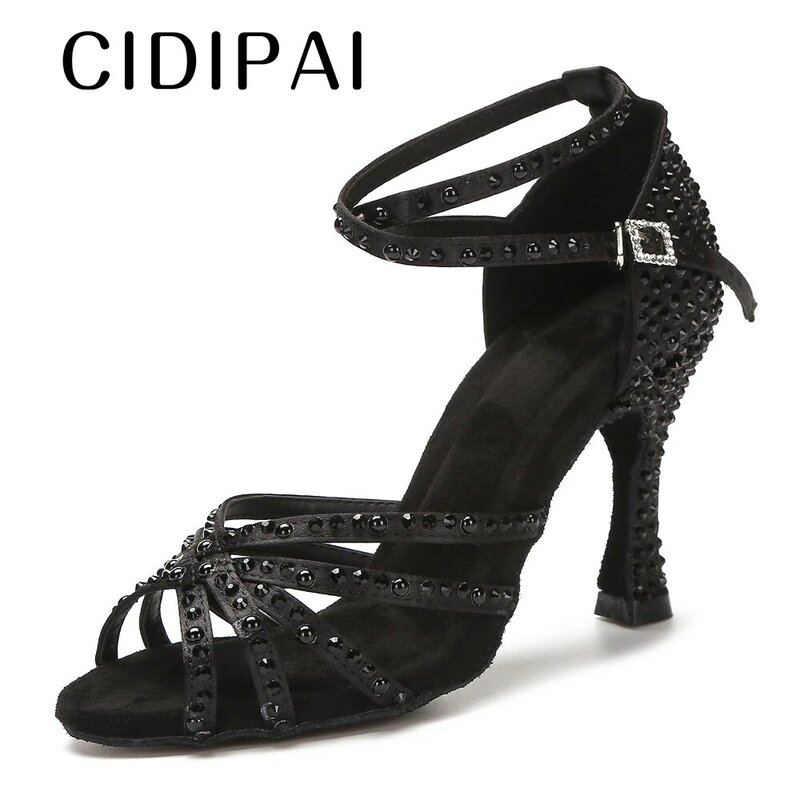 Cidipai รองเท้าเต้นลาตินสำหรับผู้หญิง, รองเท้าเต้นบอลรูมทำจากผ้าซาตินประดับพลอยเทียมพื้นนุ่มสำหรับเด็กผู้หญิงรองเท้าส้นสูงสำหรับเต้นซัลซ่า
