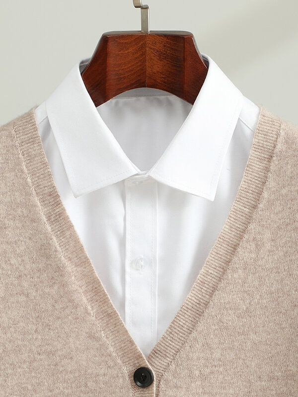 メンズヤギカシミア長袖Vネックカーディガン、ニットジャケット、単色セーター、高品質の衣類、秋冬、100%