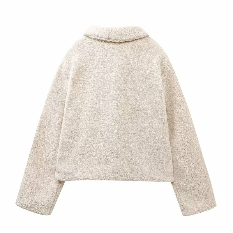Women New Fashion Side Pockets Cropped Warm Fleece Jacket Coat Vintage Long Sleeve Button-up Female Outerwear Chic Overshirt