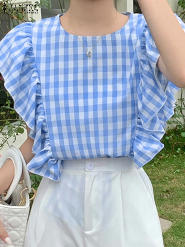 Zanzea เสื้อเบลาส์ลำลองสำหรับผู้หญิง, เสื้อเบลาส์ลายสก๊อตคอกลมแขนกุดมีระบายสำหรับฤดูร้อน MODE Korea