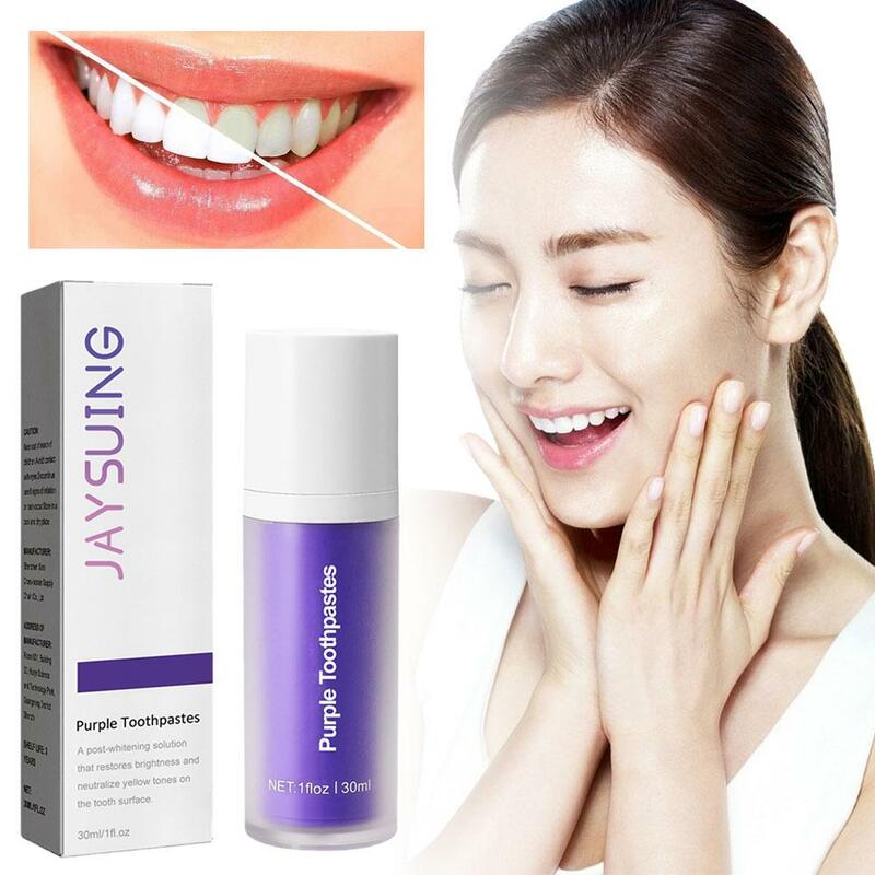 Limpieza de dientes púrpura, blanqueamiento de Mousse V34, manchas de dientes orales, aliento blanco amarillo, limpieza fresca, elimina la higiene a Y5H2