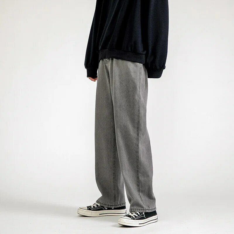 Pantalones vaqueros clásicos de pierna ancha para hombre, Jeans rectos informales hasta el tobillo, moda coreana, azul claro, gris y negro, novedad de 2024