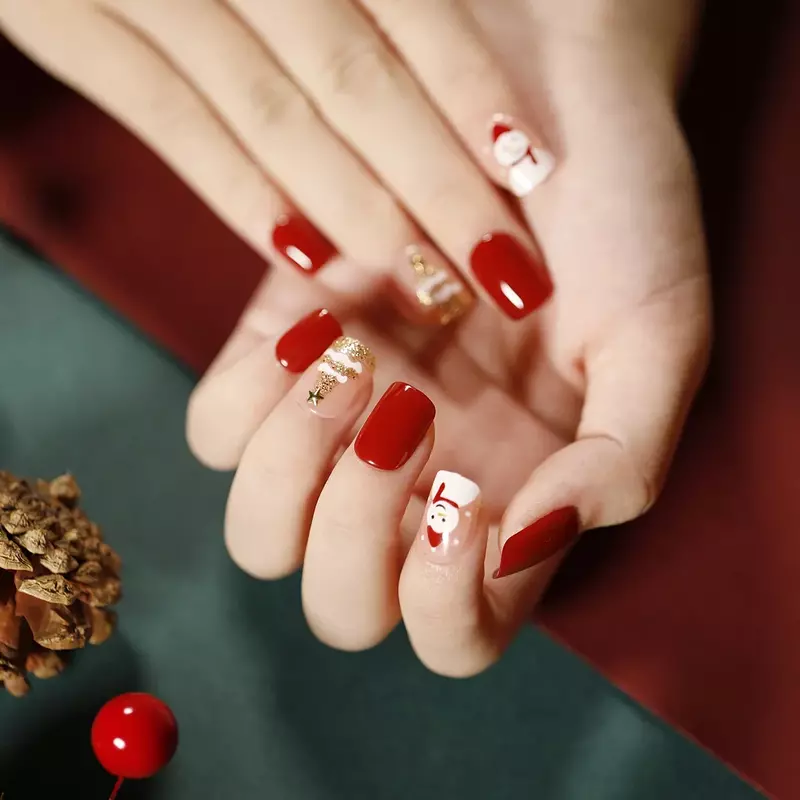 24 قطعة عيد الميلاد قصيرة الأظافر وهمية هدية الأبيض ندفة الثلج الأحمر تصميم يرتدي الأظافر كاذبة اضغط على الأظافر القابلة للإزالة نصائح شحن مجاني