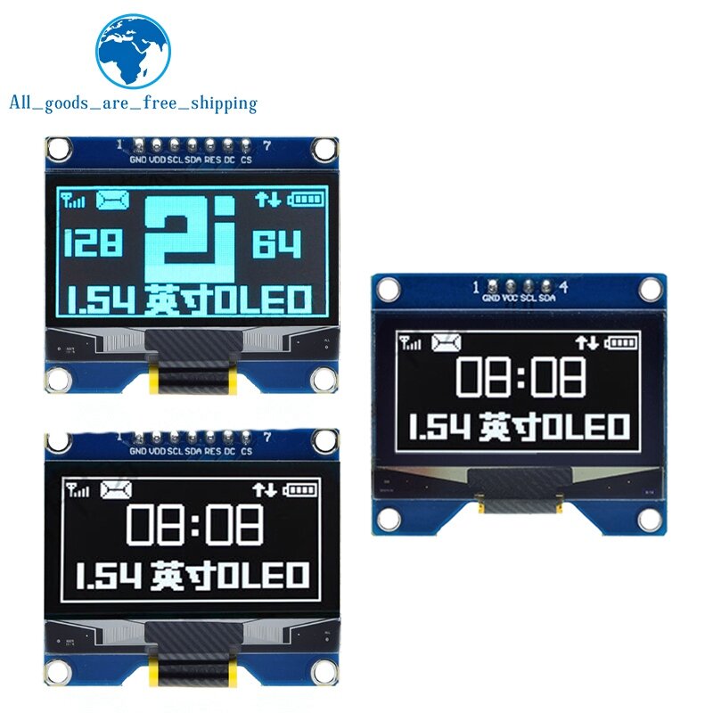 TZT 1.54 polegada 4PIN 7PIN Branco Azul Módulo de Tela OLED SSD1309 Unidade IC Compatível para SSD1306 SPI Interface 128*64