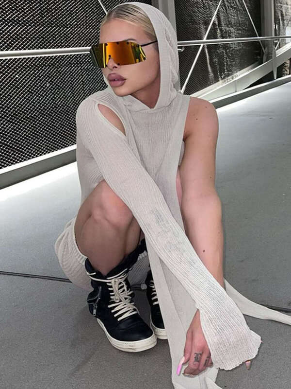Gaun Midi Asimetris Rajutan Satu Lengan Simenual Pakaian Streetwear Bertudung Bergaris Ketat Gaun Ketat Pakaian Klub Musim Gugur Musim Semi