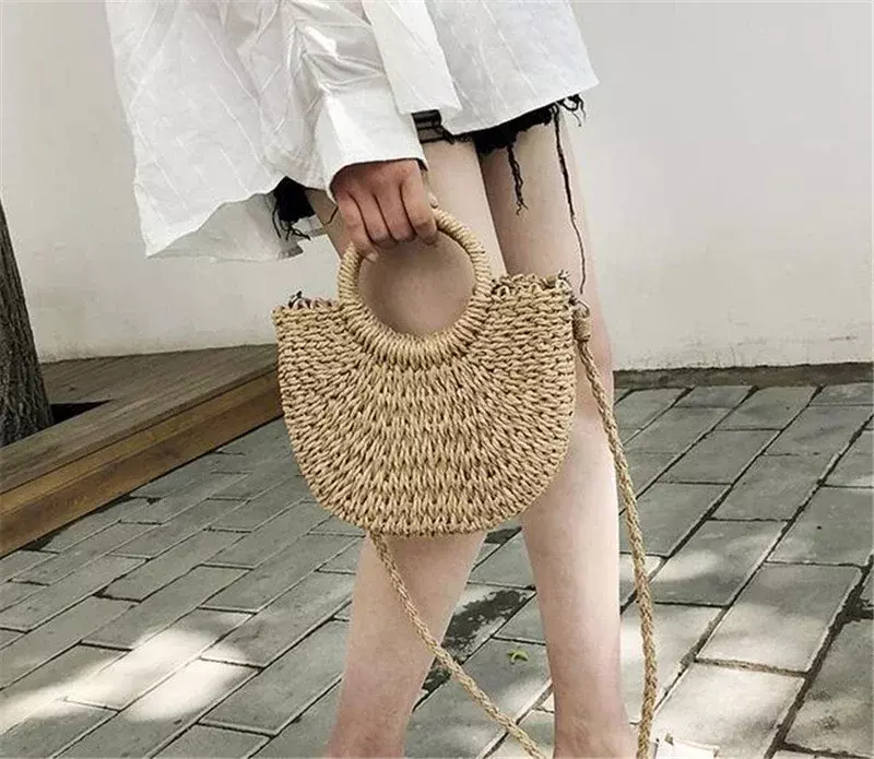 Saco de palha tecido Rattan semi-redondo artesanal para mulheres e meninas, sacos crossbody mensageiro pequena bolsa de praia LW034, verão