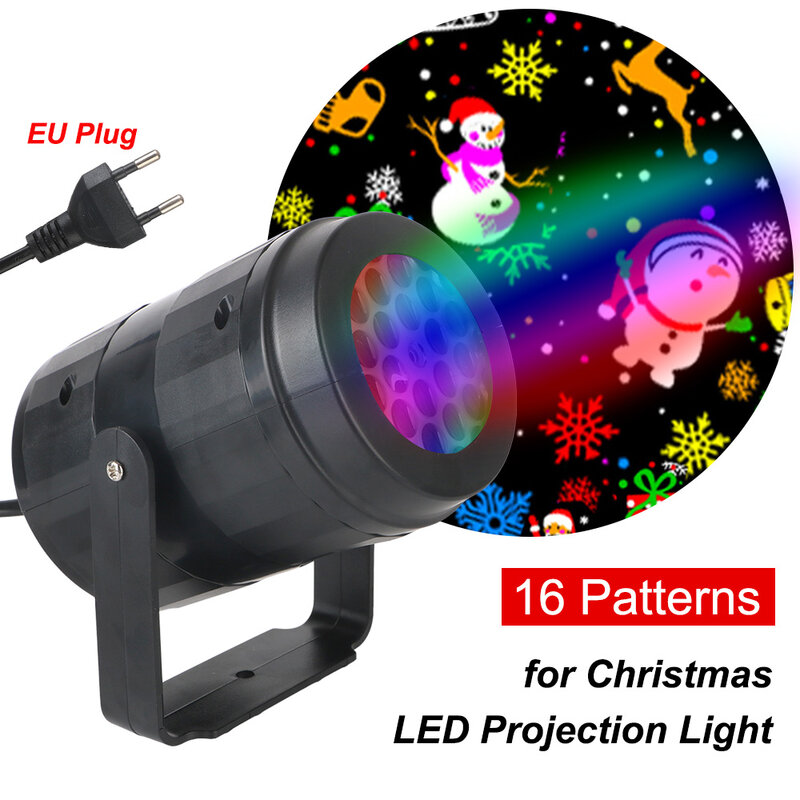 Luz de Projeção LED Laser para Festa de Natal, Suporte Rotativo, Iluminação RGB Automática, Plug UE, 16 Padrões, AC 85V-260V