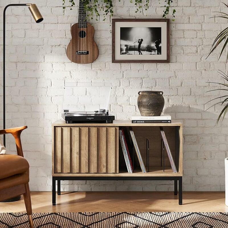 Record Player Stand, 120 Albums Vinyl Record Storage, Media Stereo Storage Cabinet, Removable Dividers, Fluted Sliding Door
