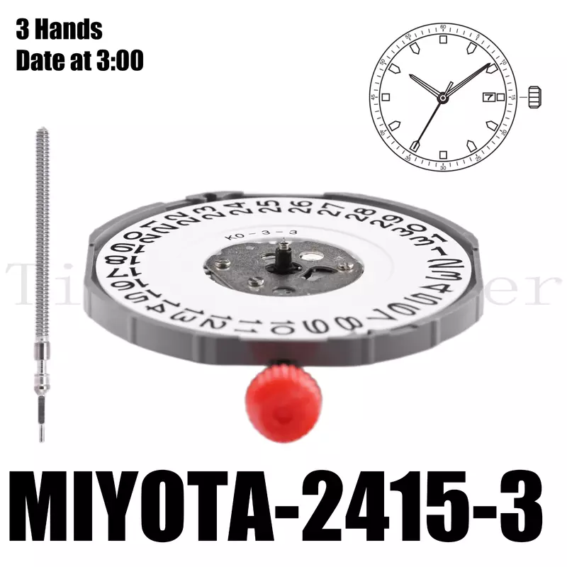 Miyotaムーブメント、2415、サイズ13、1、2インチ、高さ4.35mm、精度 ± 20秒/月、3日、日付、2415