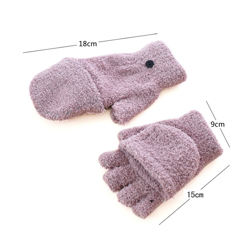 1Pair Student Dual-use Boys Girls Winter Warm Coral Velvet Gloves Convertible Flip Top Half Finger Gloves Knitting Mittens