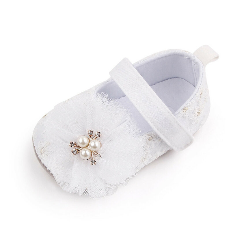 Sapatos sola macia com pérola e flor para o bebê, sapatos princesa para crianças pequenas