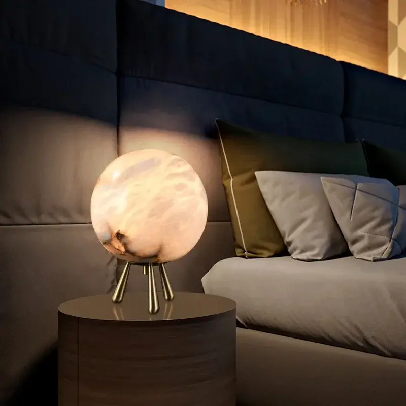 Lámpara de mesa de mármol Natural de lujo, Bola de anillo, luces Led creativas para dormitorio, sala de estar, luces de noche, decoraciones para el hogar, lámpara de escritorio LED