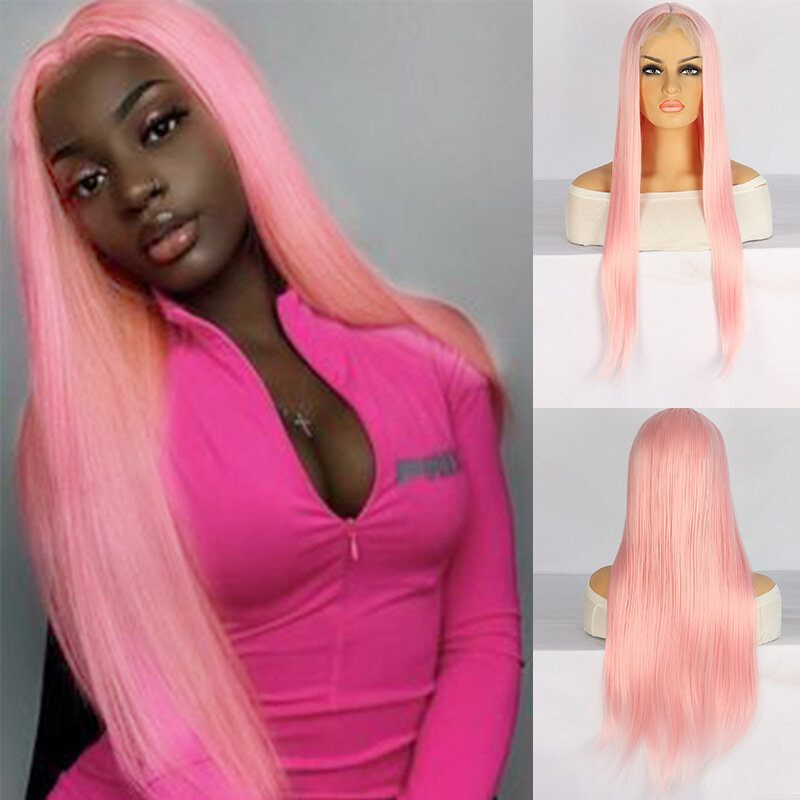 Peluca de cabello liso largo rosa, peluca Frontal de encaje, conjunto de cabeza completa, moda Natural, cabello humano femenino realista