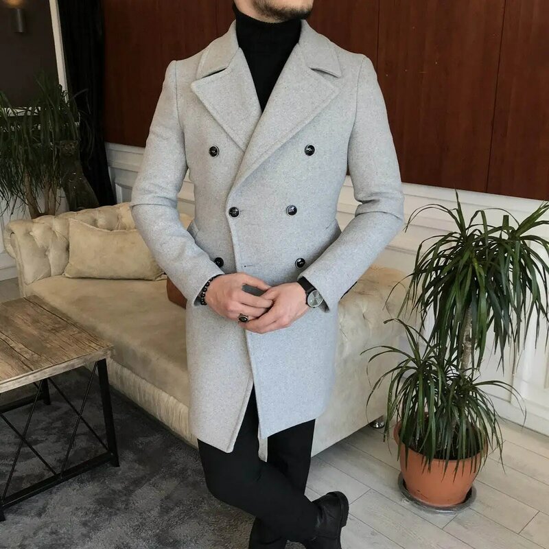 Garnitury męskie biznesowy długi płaszcz szary Tweed mieszanka wełny dwurzędowa kurtka