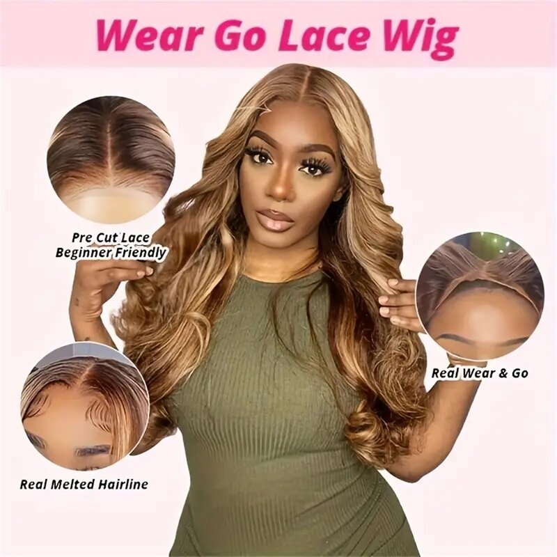 5x5 wig penutup renda pemakaian dan Jalankan wig rambut manusia sorot Pirang madu ombak tubuh untuk wanita tanpa lem untuk pemula mudah dipakai