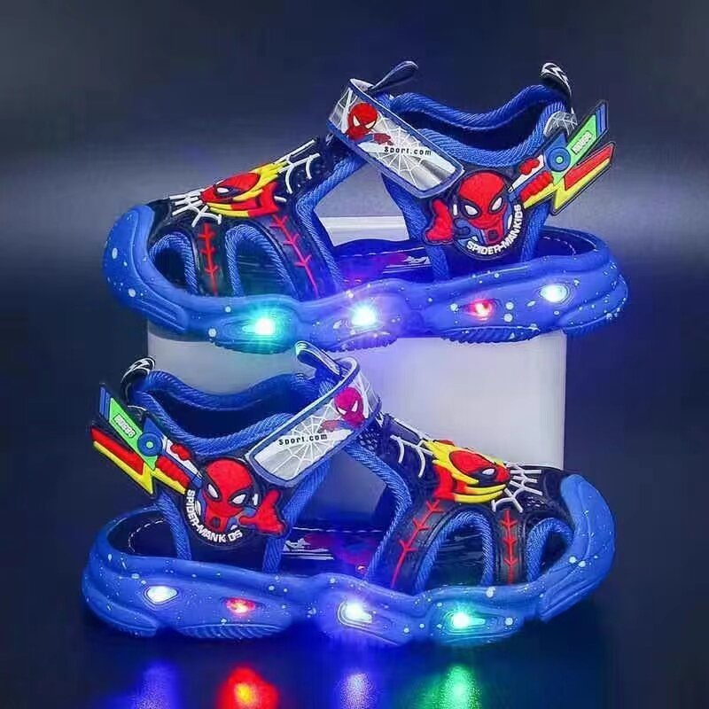 Sandal lampu LED kartun Spider Man anak, sandal olahraga ortopedi jari tertutup musim panas untuk bayi laki-laki dan perempuan