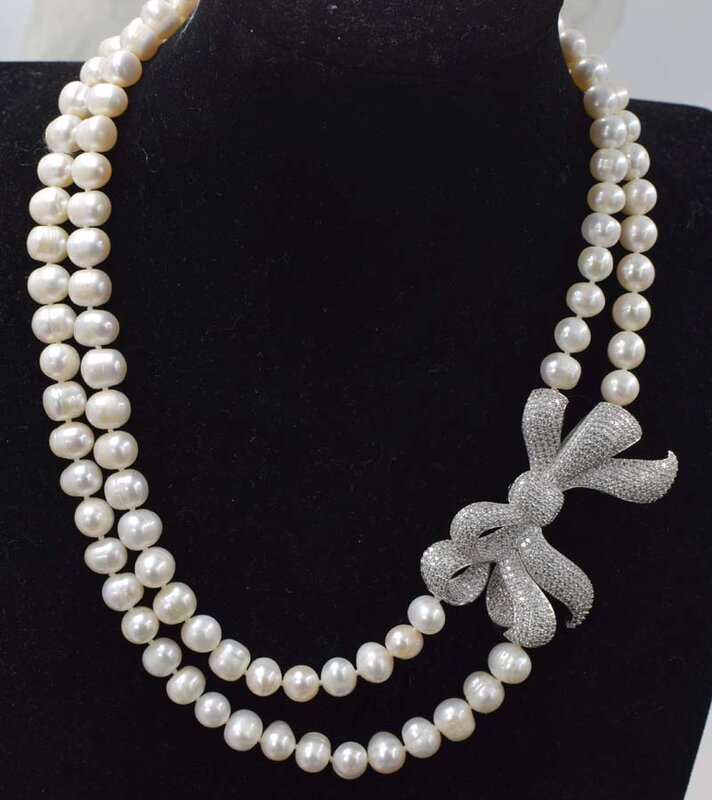 2 rangées de perles d'eau douce blanches, presque rondes 8-9mm, collier 17-18 pouces FPPJ, perles naturelles, vente en gros