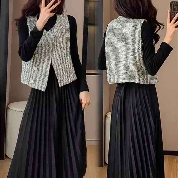 Vestido longo plissado feminino versão coreana temperamento, colete fashion para outono e inverno, novo conjunto de 2 peças