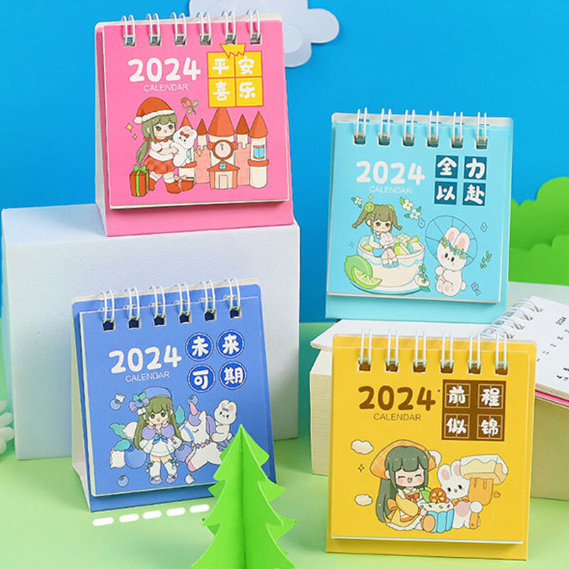 2024 Mini calendario da tavolo Cute Cartoon Girls Rabbits Desktop Note Multi Style Coil Calendar forniture scolastiche per ufficio