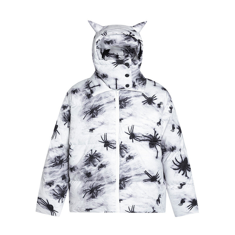 Spider Printed Hooded Cotton Jacket Men Women Winter Fashion Masked Face Warm Cotton Jackets Street Trend Loose Casual Coat