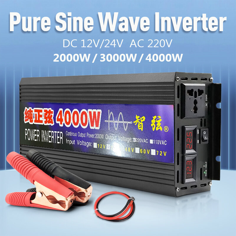 Pure Sine Wave อินเวอร์เตอร์2000W 3000W 4000W พลังงานแสงอาทิตย์อินเวอร์เตอร์รถพร้อมจอแสดงผล LED DC 12V 24V To AC 220V Converter